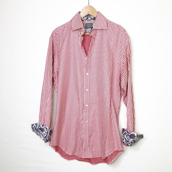 Thomas dean, red and white micro check button down shirt - Picture 5 of 9